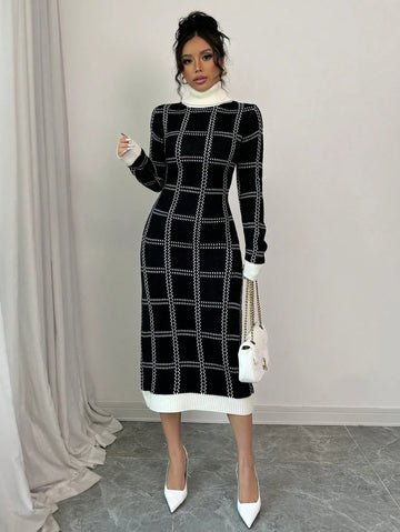 Plaid Fitted Knit Sweater Dress