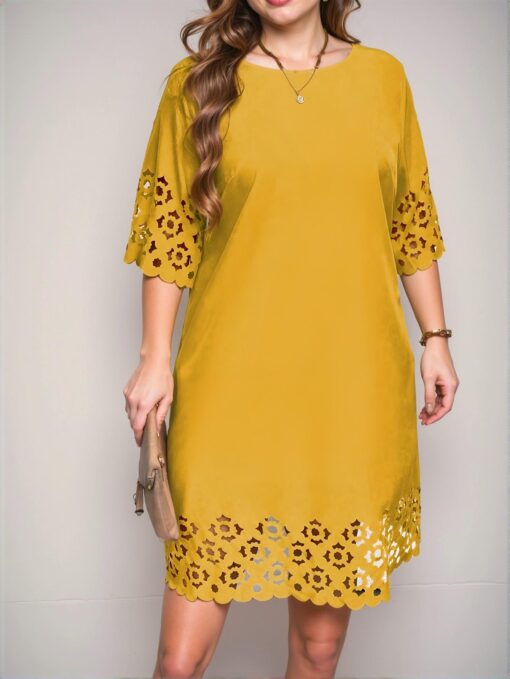 Elegant Mustard Yellow Chic Plus Size Hollow Neck Commuter Tunic Dress