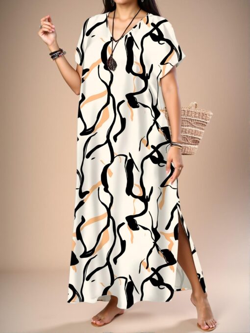 Elegant White Oversized V-Neck Tunic Dress with Casual Striped Design