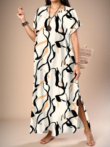 Elegant White Oversized V-Neck Tunic Dress with Casual Striped Design