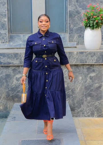 Denim Beauty- Ruched Midi Dress with Belt