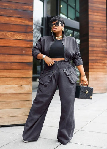 Fashion Forward Diva- 2pcs Denim Crop Blouse/Cargo Pant Set