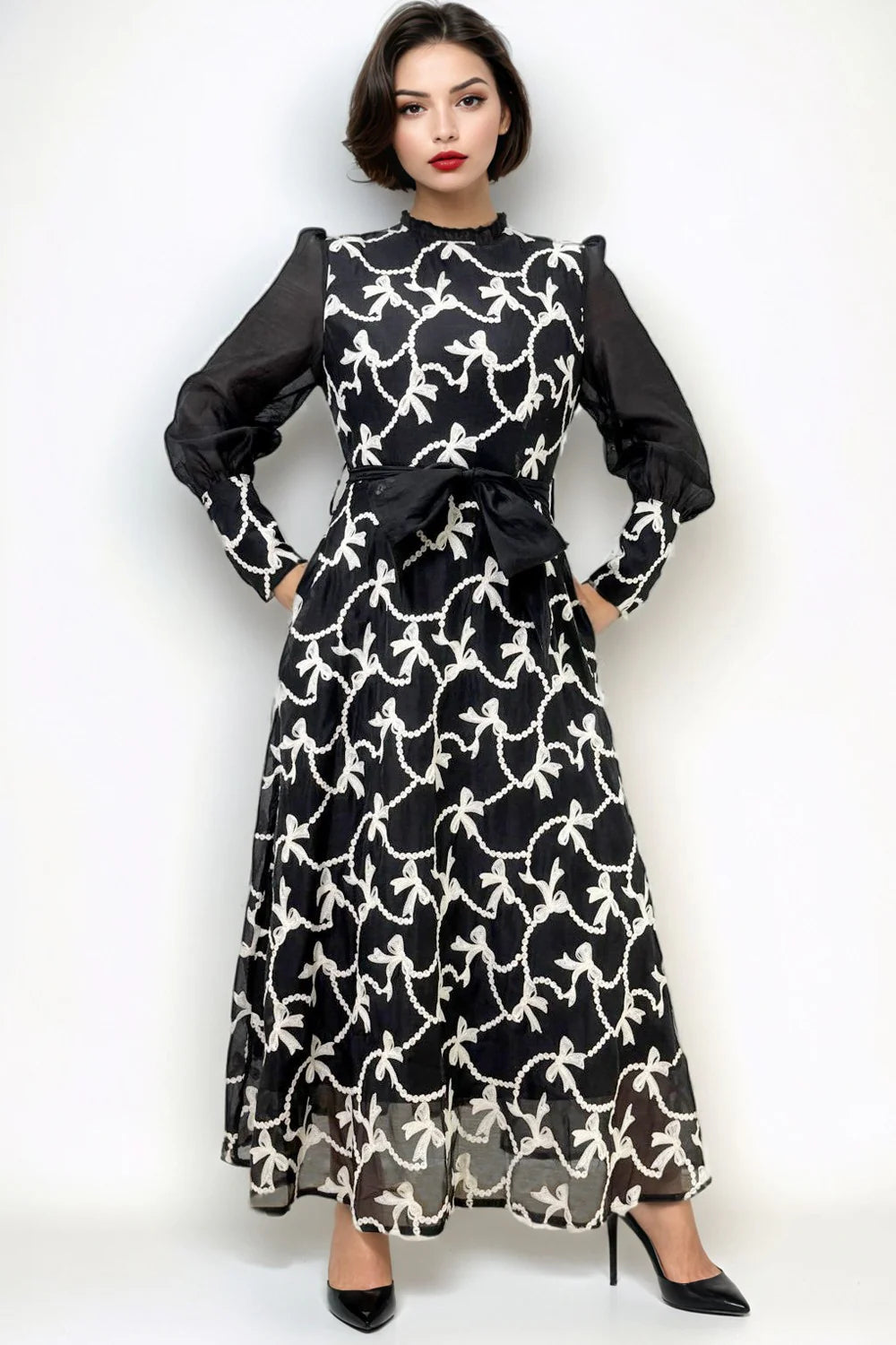 EMBROIDERED BOW TIE DRESS