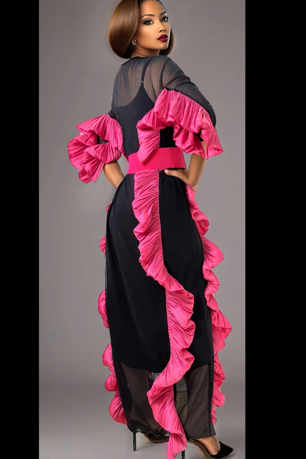 W5933 RUFFLE LINED MESH DRESS