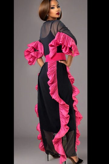 W5933 RUFFLE LINED MESH DRESS