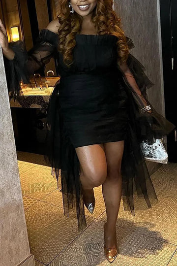 Plus Size Black Party Off The Shoulder Irregular Tulle Mini Dress