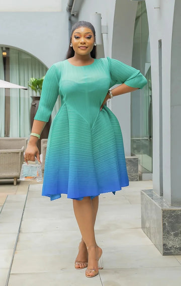 KELLY Ombre Flare Pleated Dress Plisse French Dress| Classy Sleeved Dress| Formal Plus Size| Wedding Guest| African Print Festive