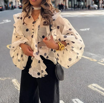 Buttoned Elasticity Polka-Dot Ruffle Trim See-Through Long Sleeves Loose V-Neck Blouses&Shirts Tops
